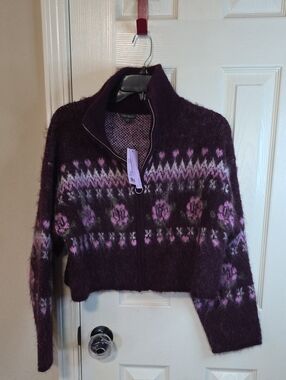 wild fable Purple Fair Isle Zip-Front Cropped Cardigan